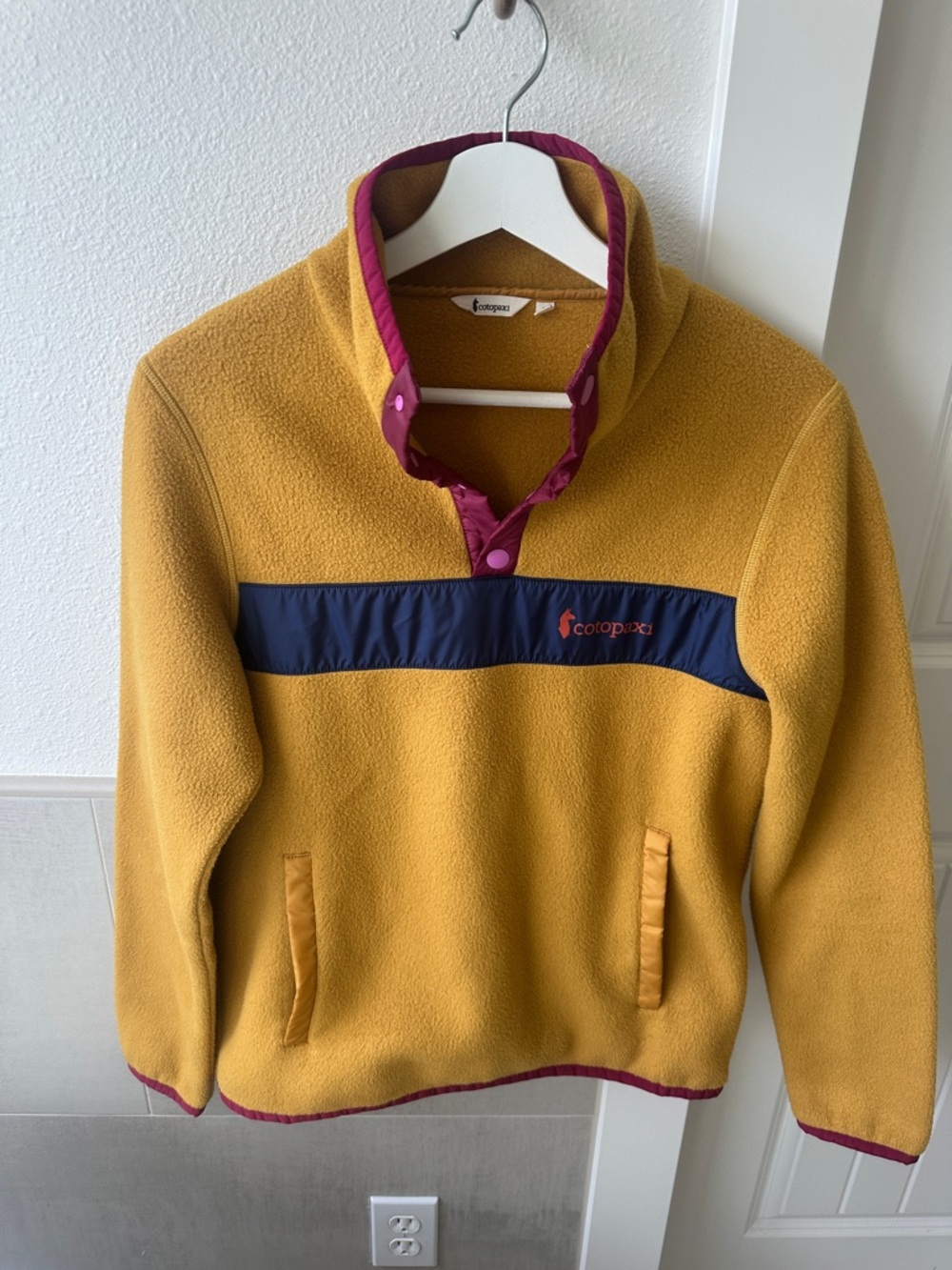 cotopaxi Yellow Fleece Crewneck with Navy Chest Panel and Magenta Trim